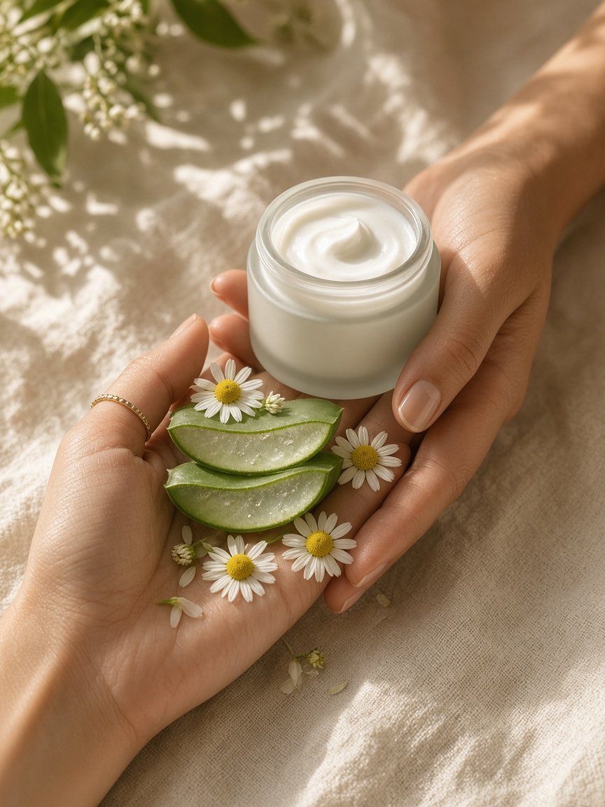 Hands holding a jar of cream with aloe and chamomile